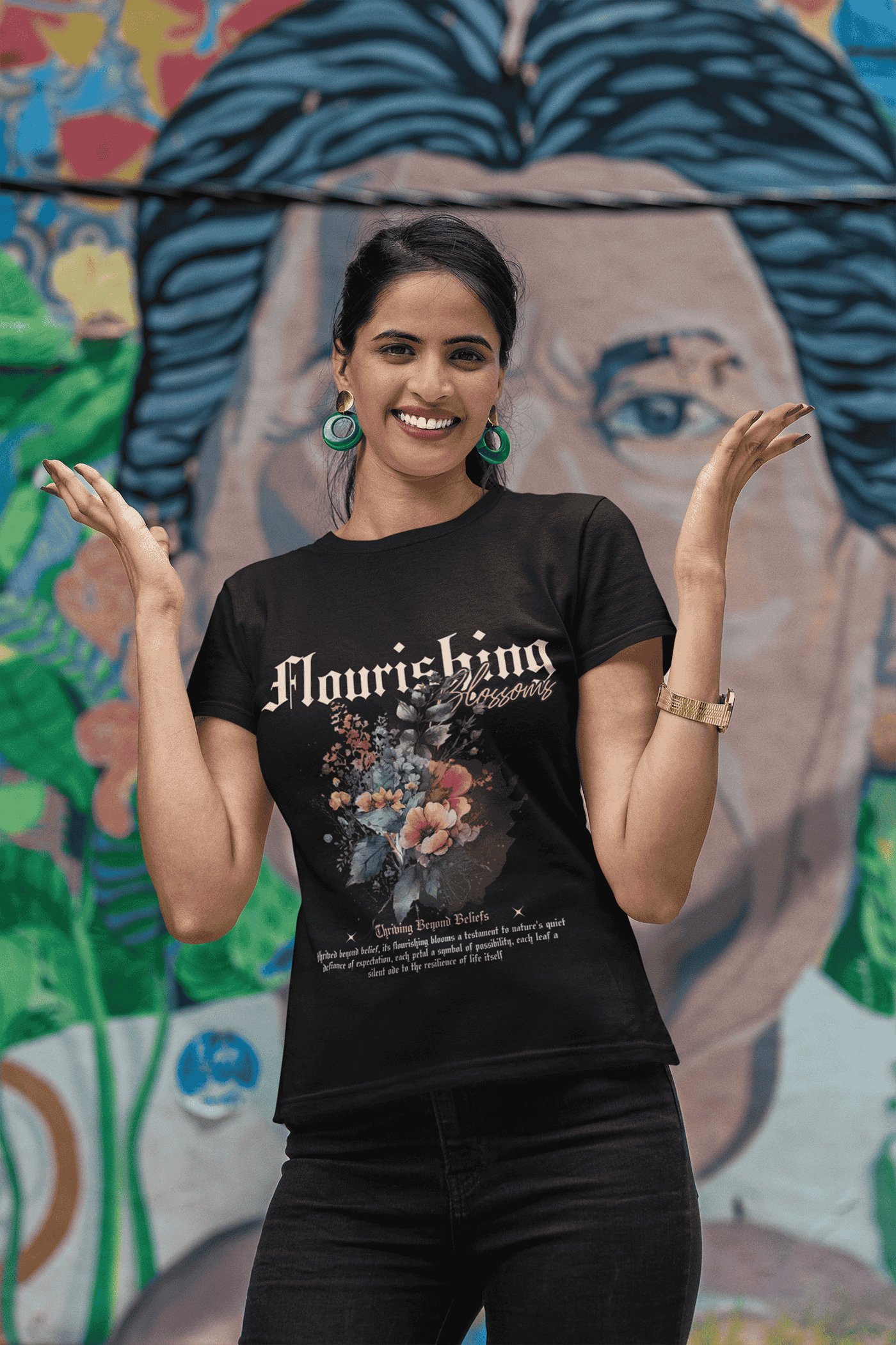 Female Flourishing Blossoms T-Shirt Black